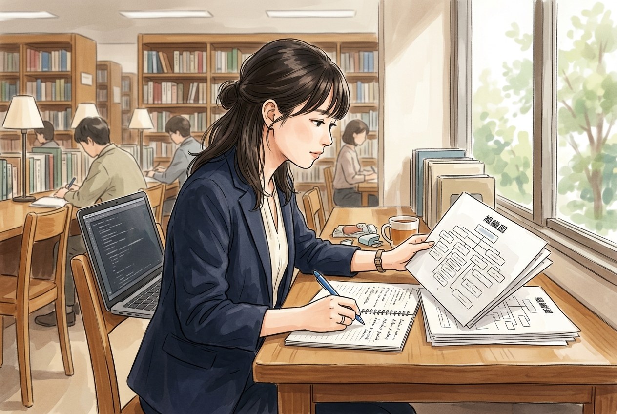 図書館の自習スペースで組織図の資料を見ながらメモを取る就活生の様子のイラスト