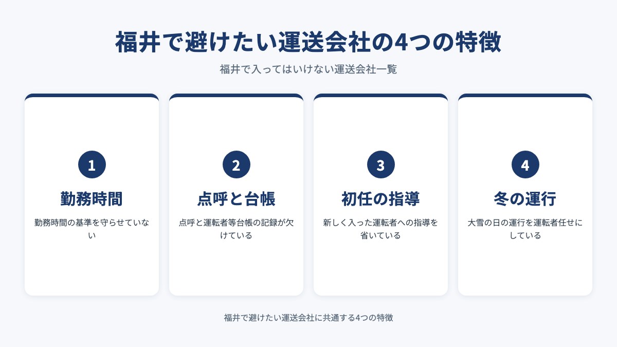 福井で避けたい運送会社の4つの特徴を示した図（勤務時間・点呼と台帳・初任の指導・冬の運行）
