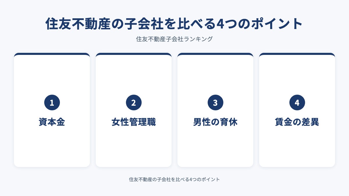 住友不動産の子会社を比べる4つのポイントを示した図（資本金・女性管理職・男性の育休・賃金の差異）