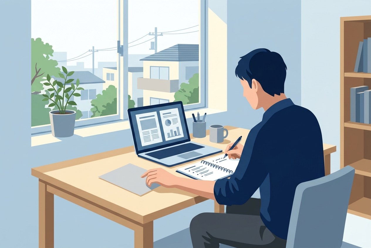 製紙業界の大手企業ランキングについて公開されている情報を確かめている場面のイラスト