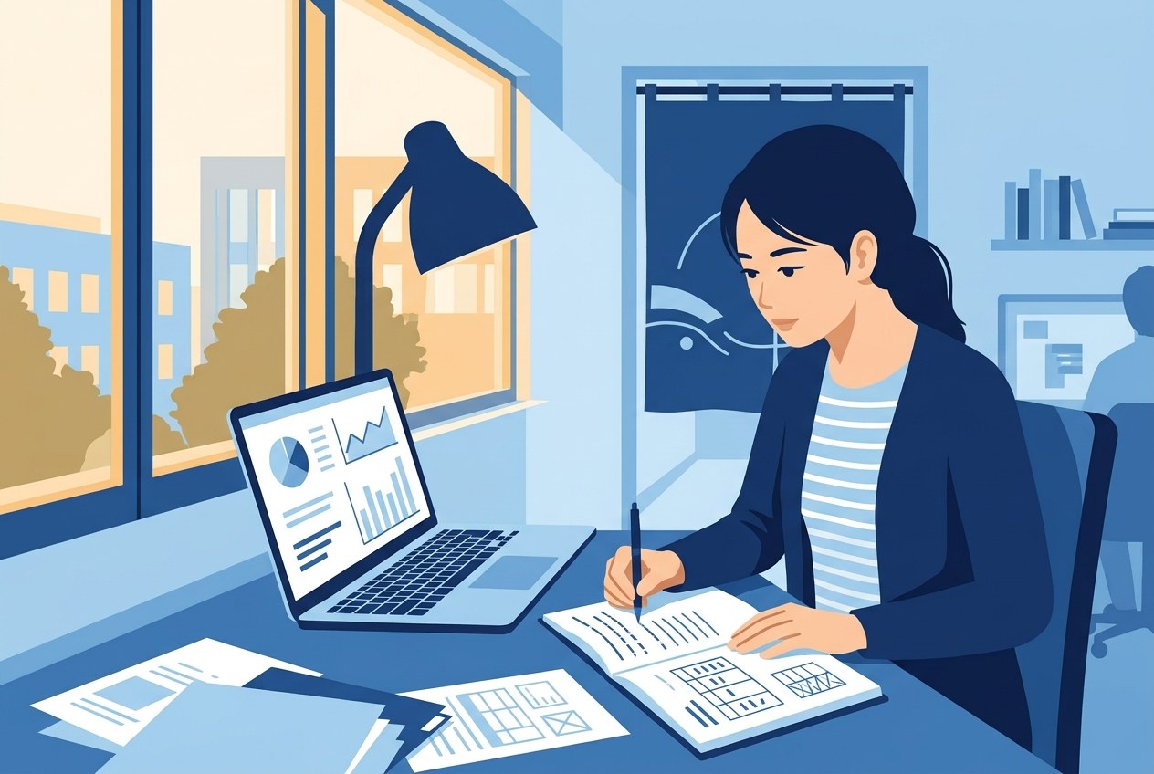 ゴム業界の大手企業ランキングについて公開されている情報を確かめている場面のイラスト