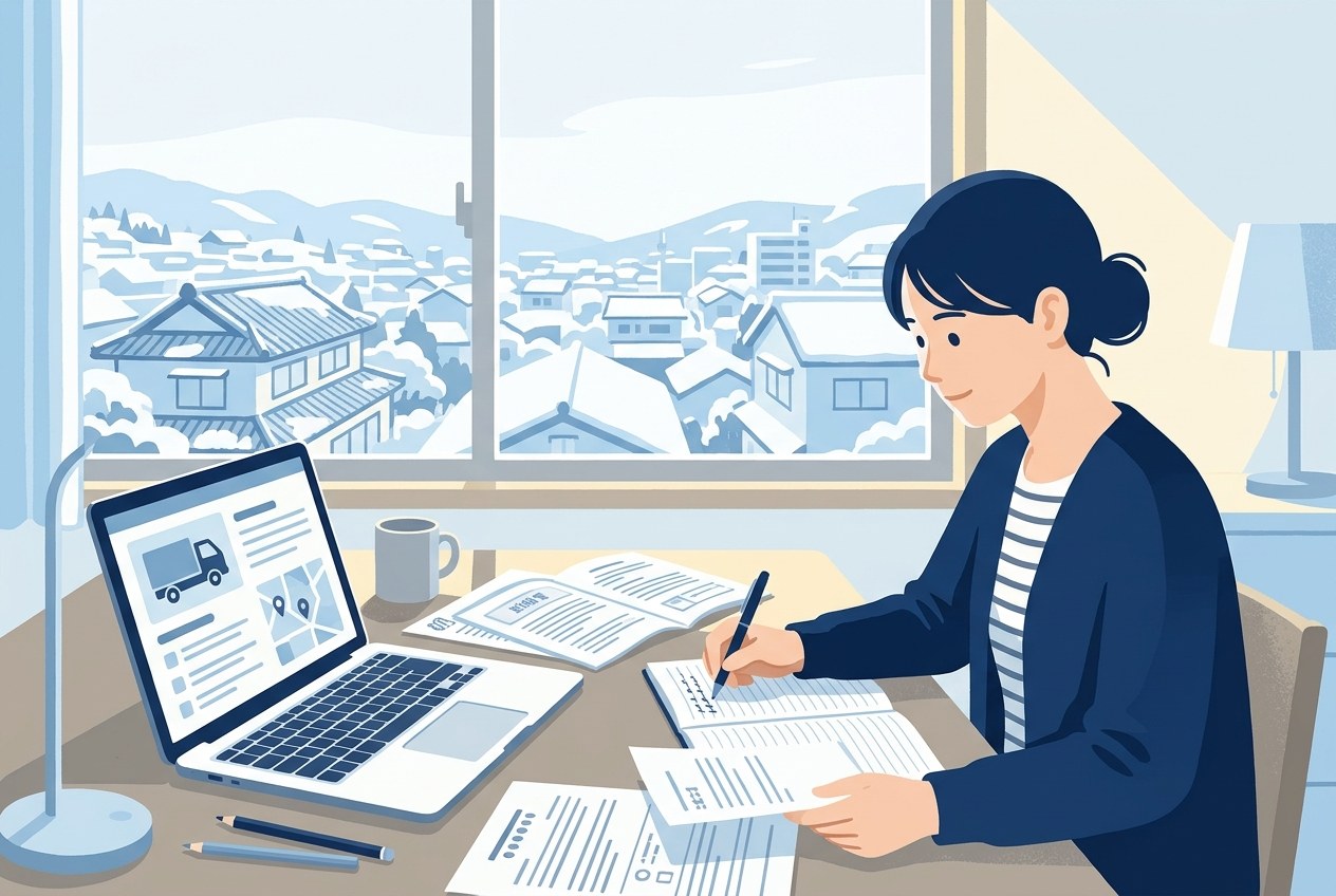 福井で入ってはいけない運送会社一覧について公開されている情報を確かめている場面のイラスト