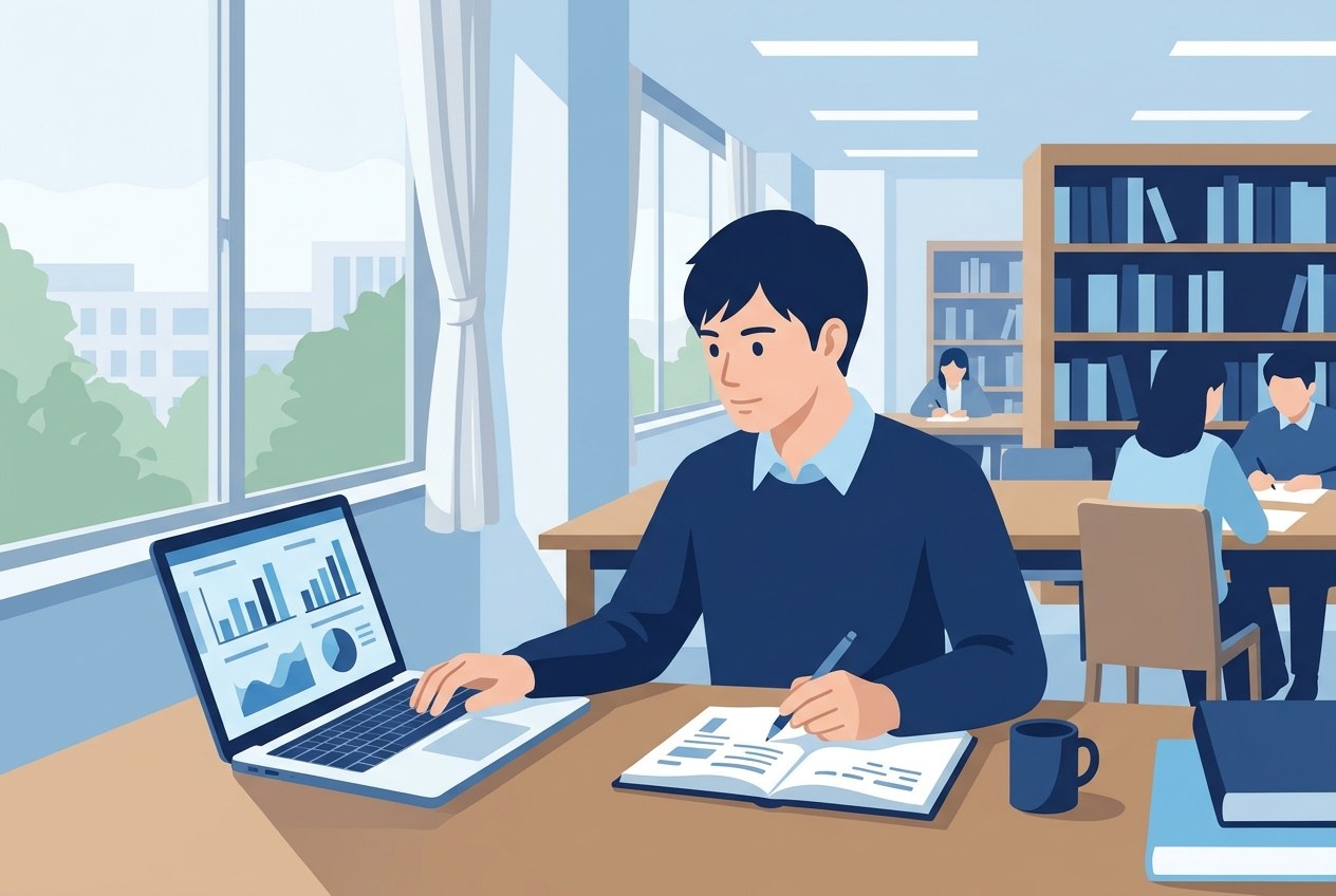 大和証券グループ子会社ランキングについて公開されている情報を確かめている場面のイラスト