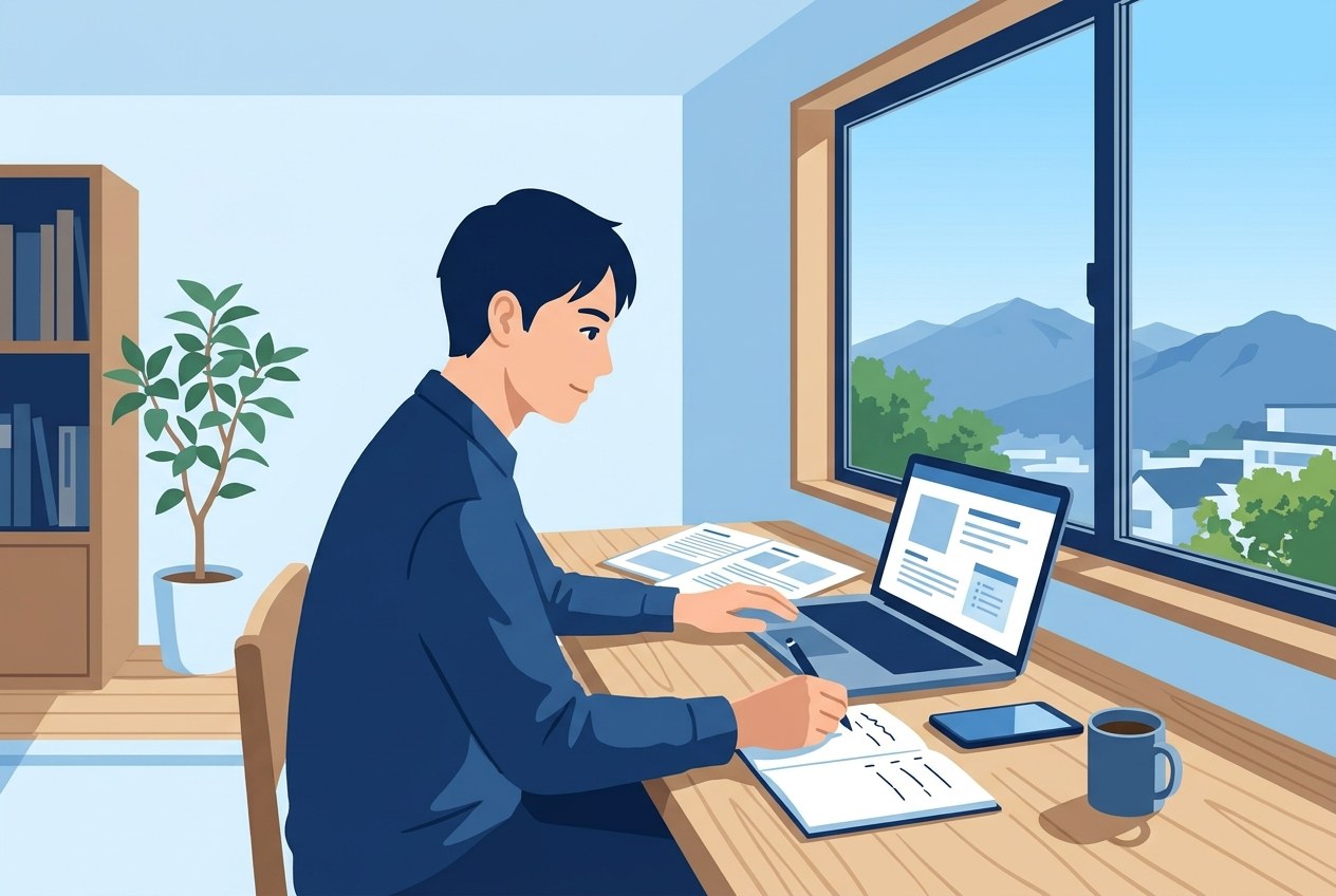 山梨で入ってはいけない運送会社一覧について公開されている情報を確かめている場面のイラスト
