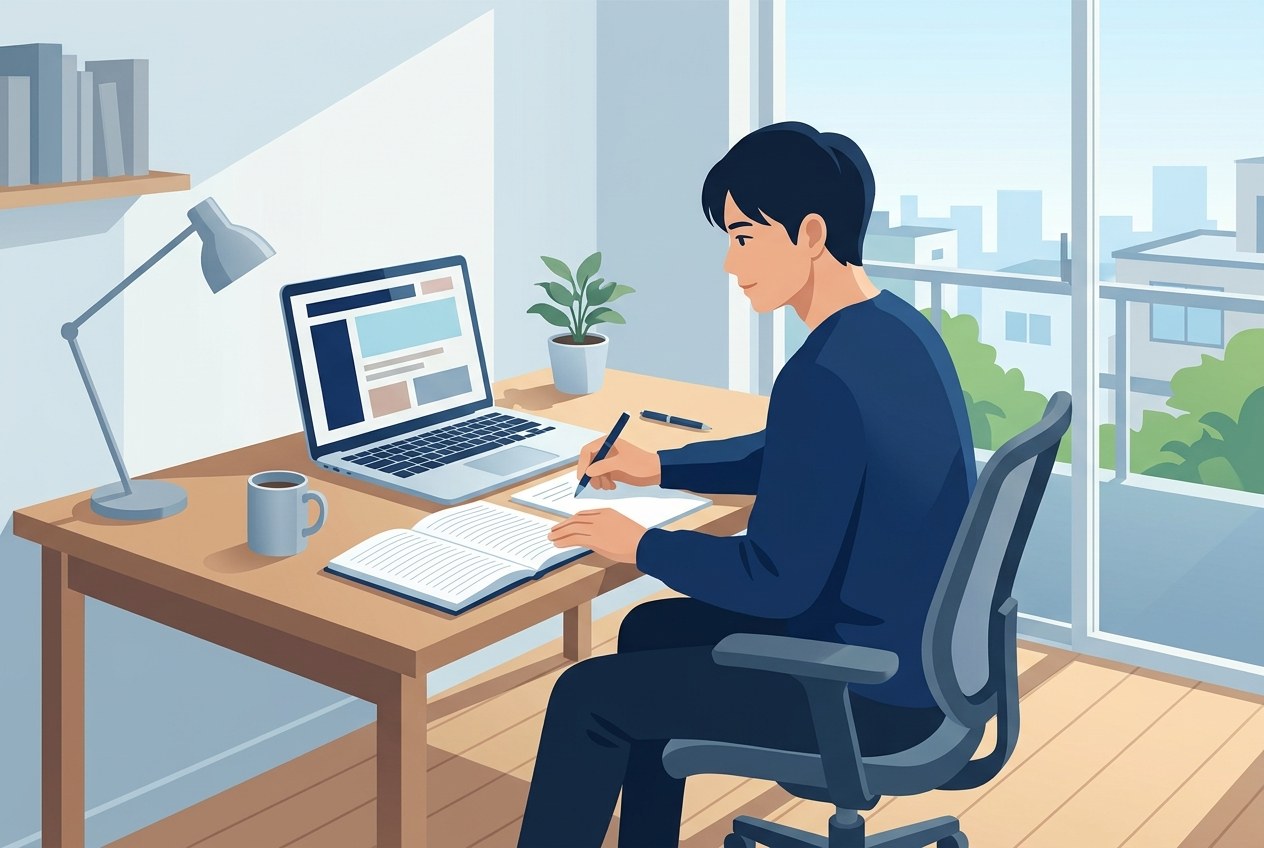 半導体製造装置業界の大手企業ランキングについて公開されている情報を確かめている場面のイラスト
