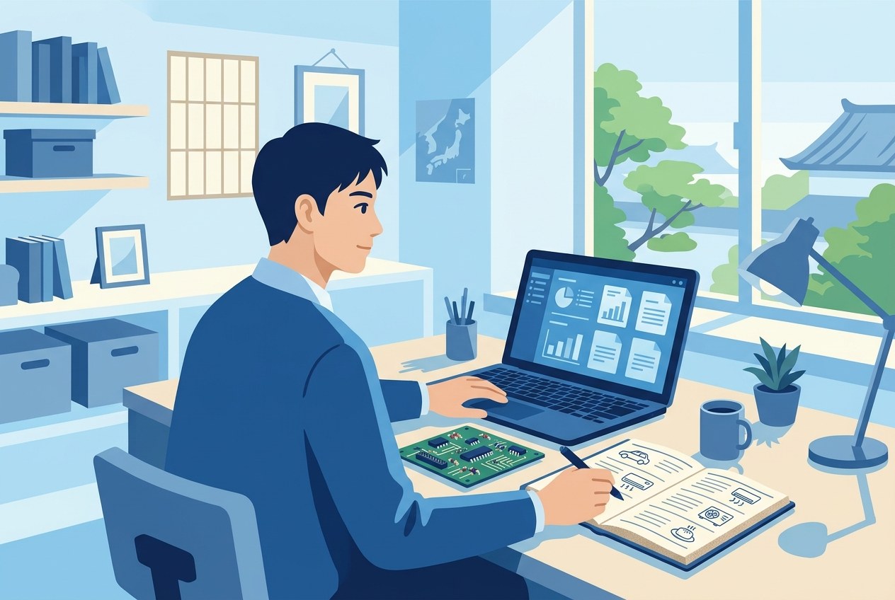 電子部品業界の大手企業ランキングについて公開されている情報を確かめている場面のイラスト