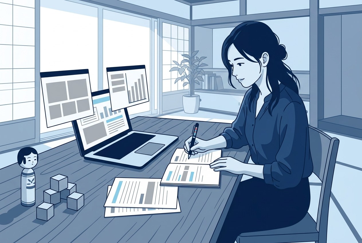 玩具業界の大手企業ランキングについて公開されている情報を確かめている場面のイラスト