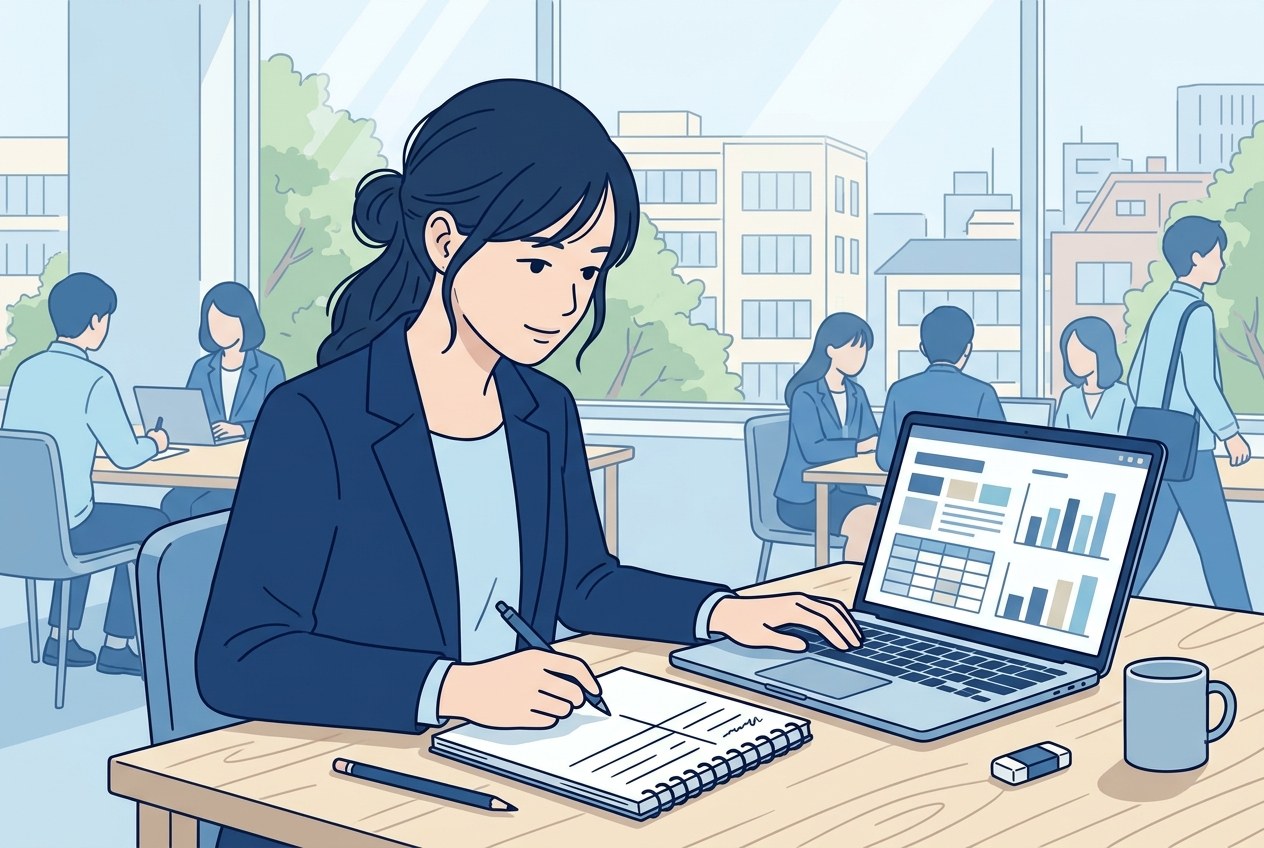建設機械業界の大手企業ランキングについて公開されている情報を確かめている場面のイラスト
