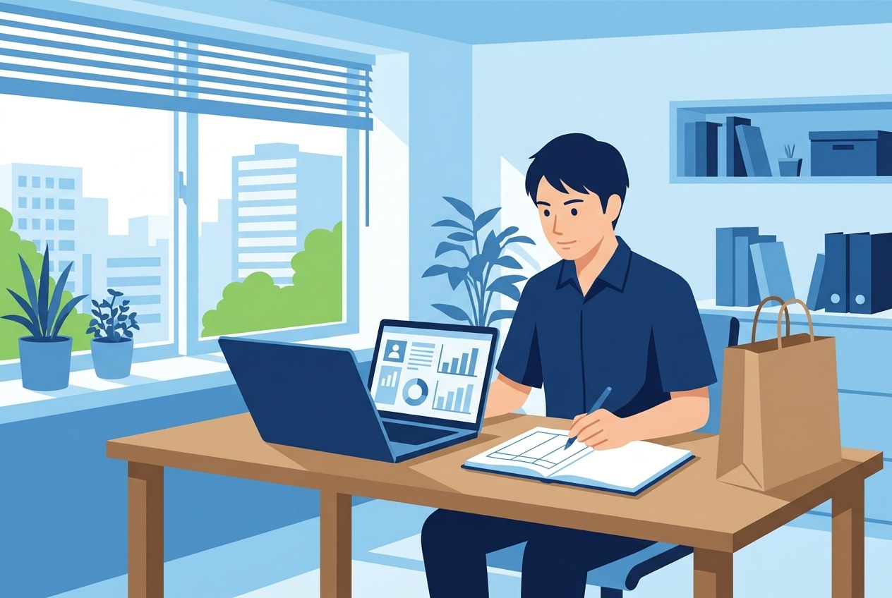 百貨店業界の大手企業ランキングについて公開されている情報を確かめている場面のイラスト