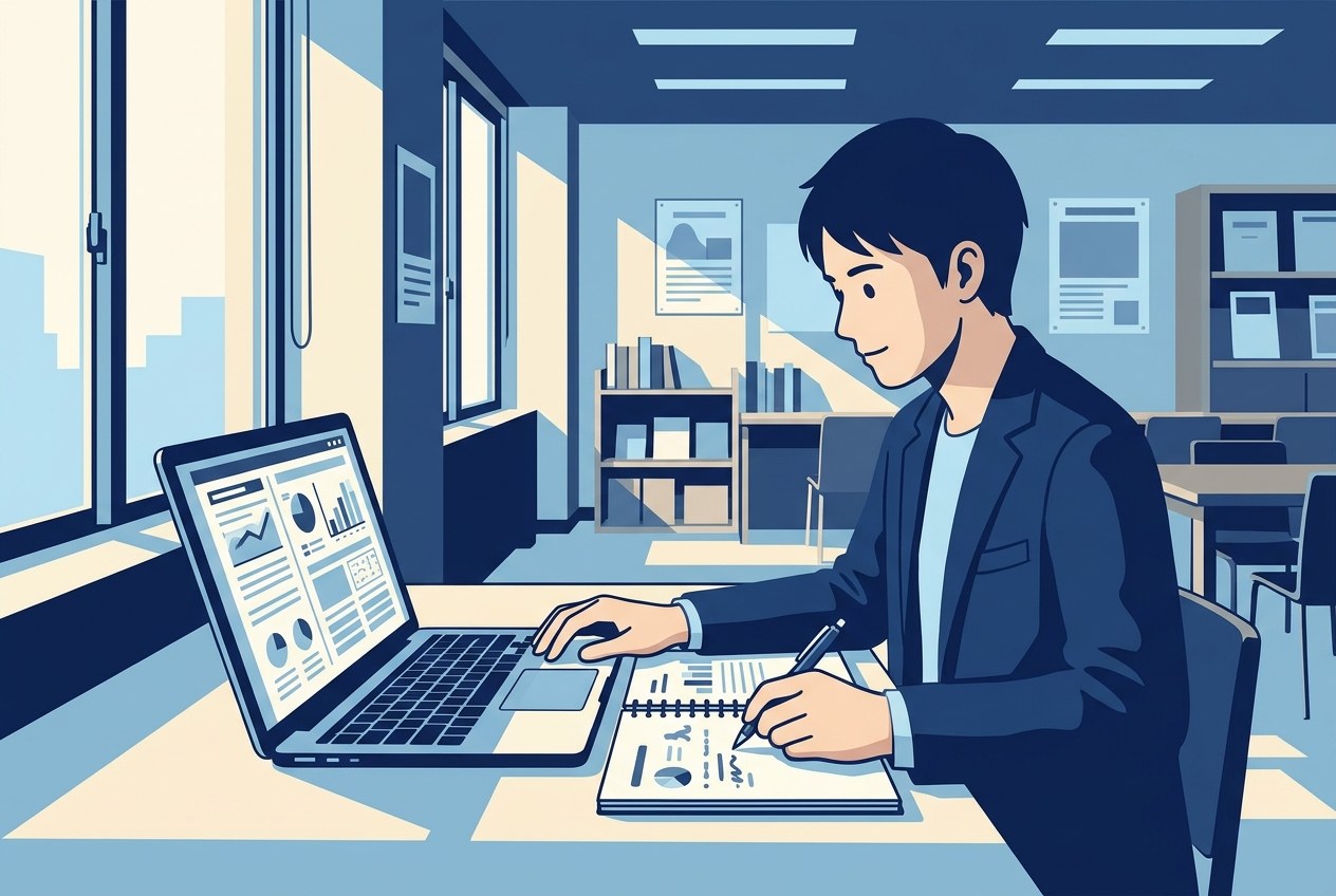 海運業界の大手企業ランキングについて公開されている情報を確かめている場面のイラスト