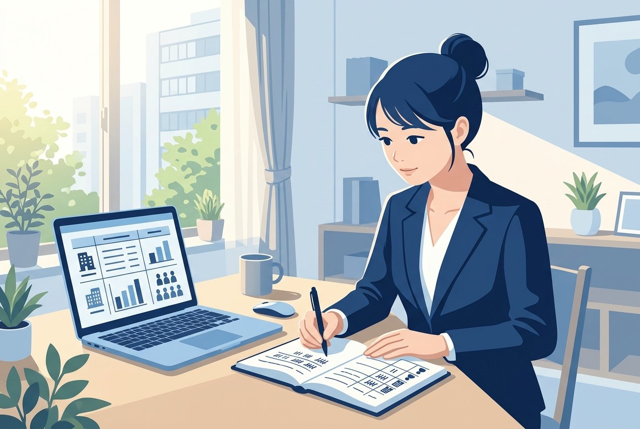三菱地所子会社ランキングについて公開されている情報を確かめている場面のイラスト