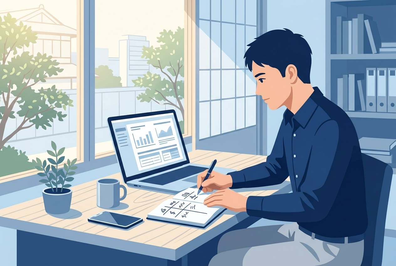 倉庫業界の大手企業ランキングについて公開されている情報を確かめている場面のイラスト