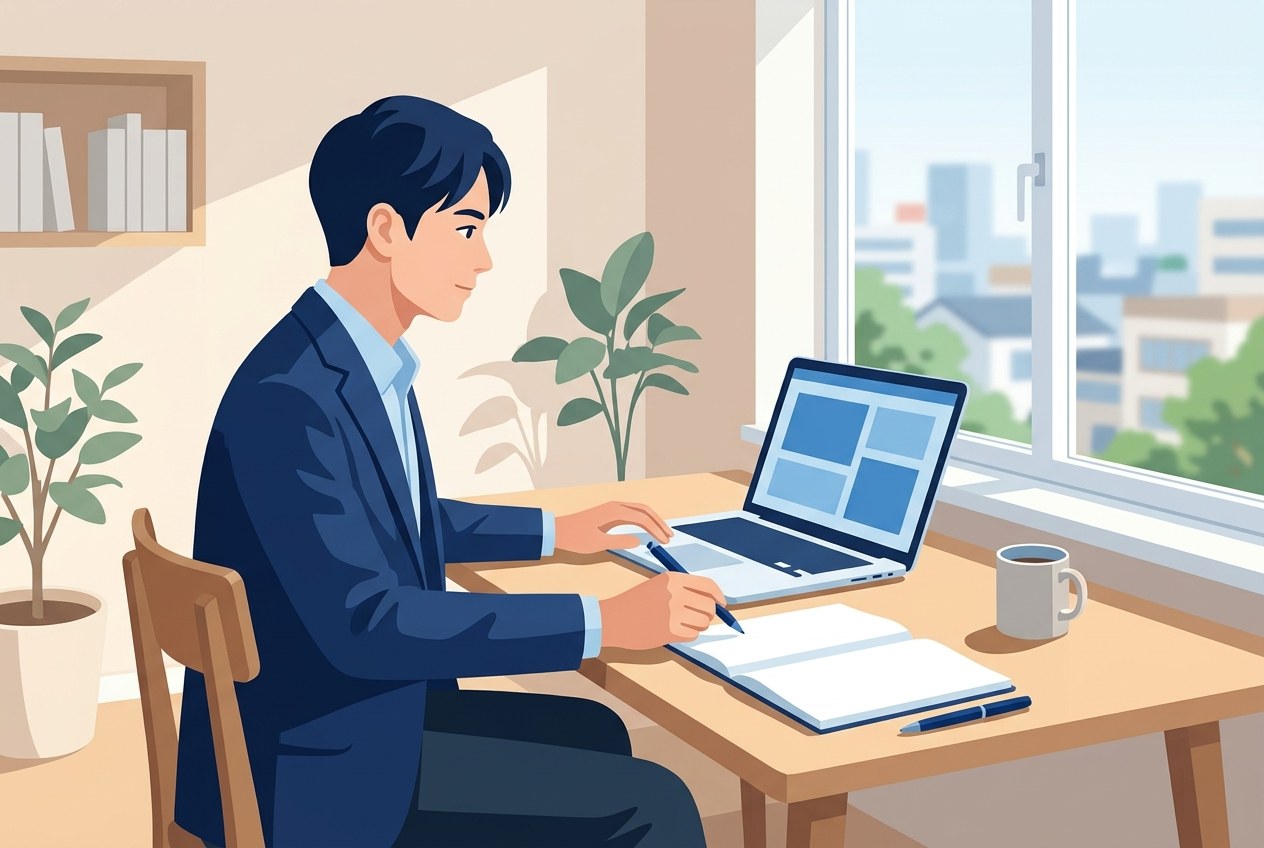住友不動産子会社ランキングについて公開されている情報を確かめている場面のイラスト