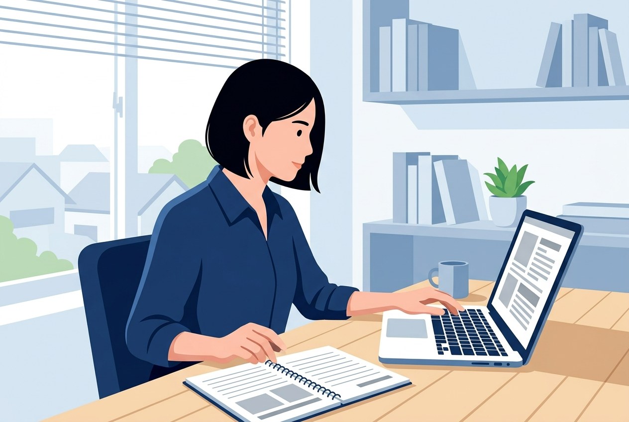 印刷業界の大手企業ランキングについて公開されている情報を確かめている場面のイラスト