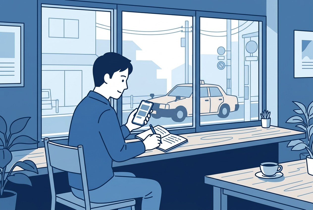 タクシー運転手のホワイトな会社の見分け方について公開されている情報を確かめている場面のイラスト