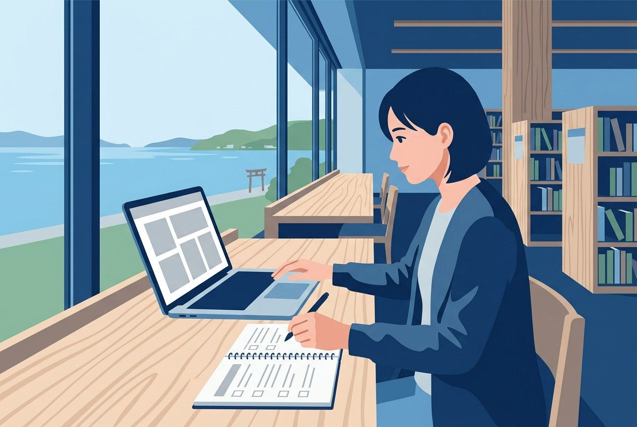 滋賀で入ってはいけない運送会社一覧について公開されている情報を確かめている場面のイラスト